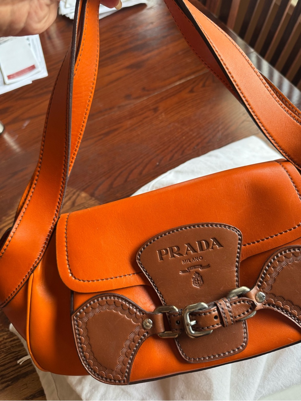 Prada Orange Leather Shoulder Bag with Brown Trim - Picture 16 of 16